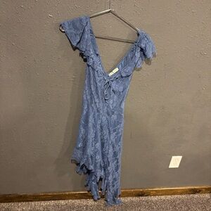 Thirty Thirty Blue Lace V-Neck Ruffle Hem Dress